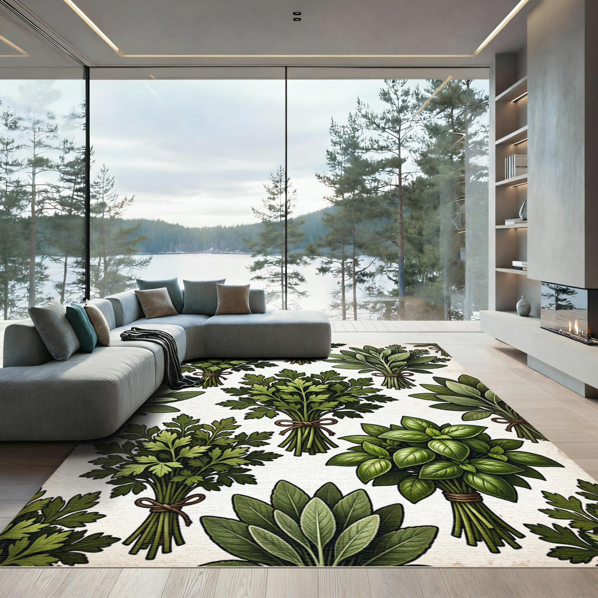 Green Herb Bundles Botanical Illustration Rug