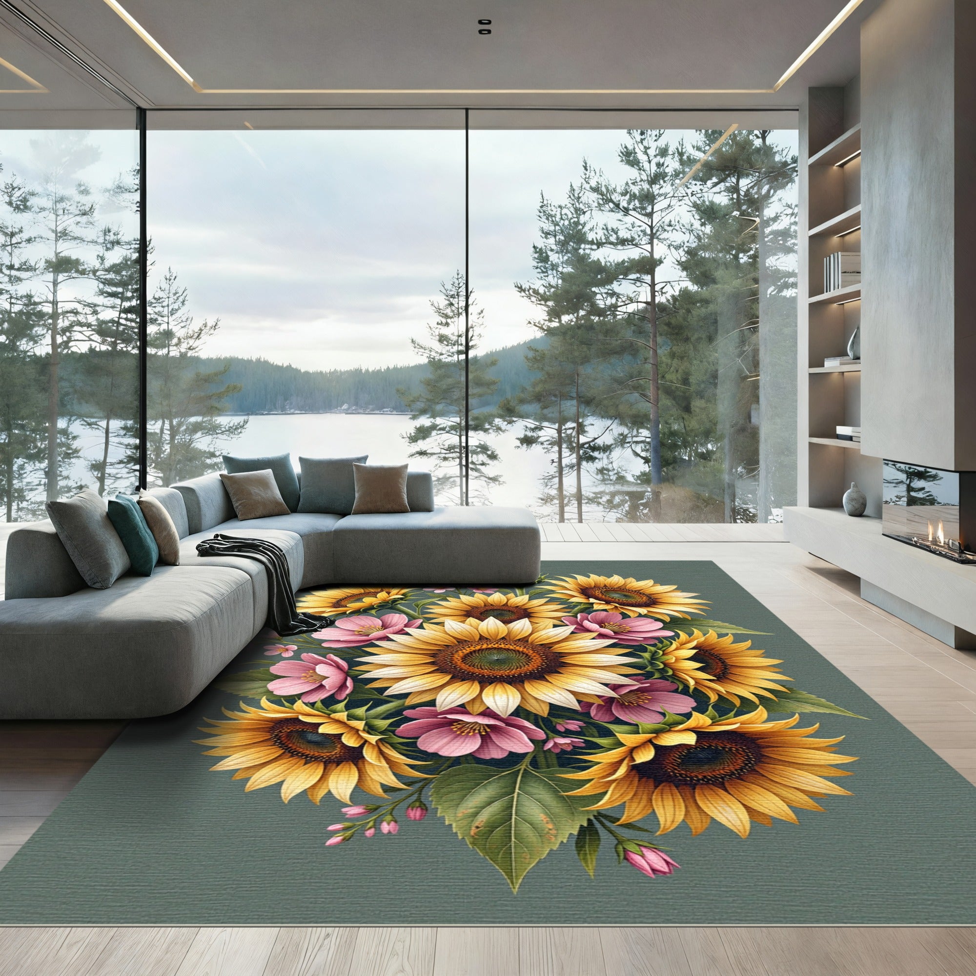Vibrant Sunflower and Pink Blossom Bouquet Rug