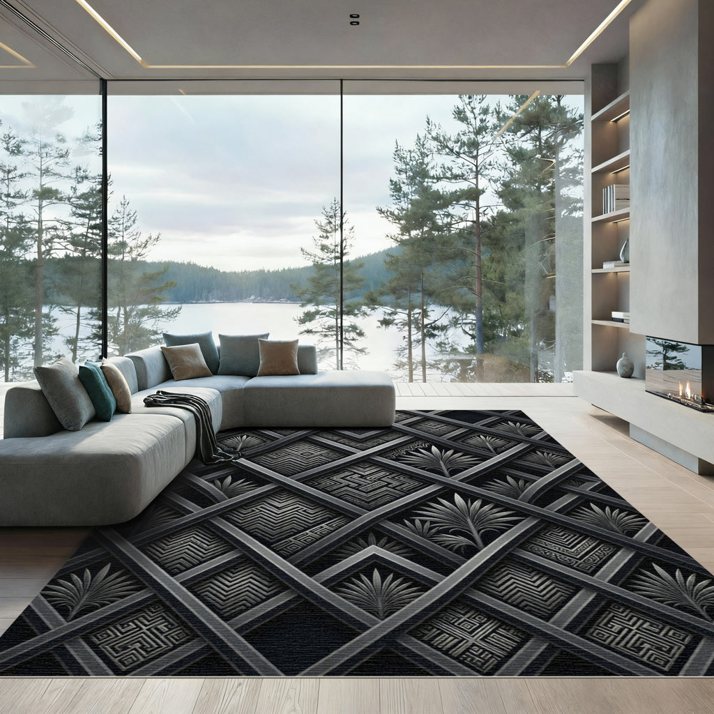 Dark Geometric Lattice Palm Rug