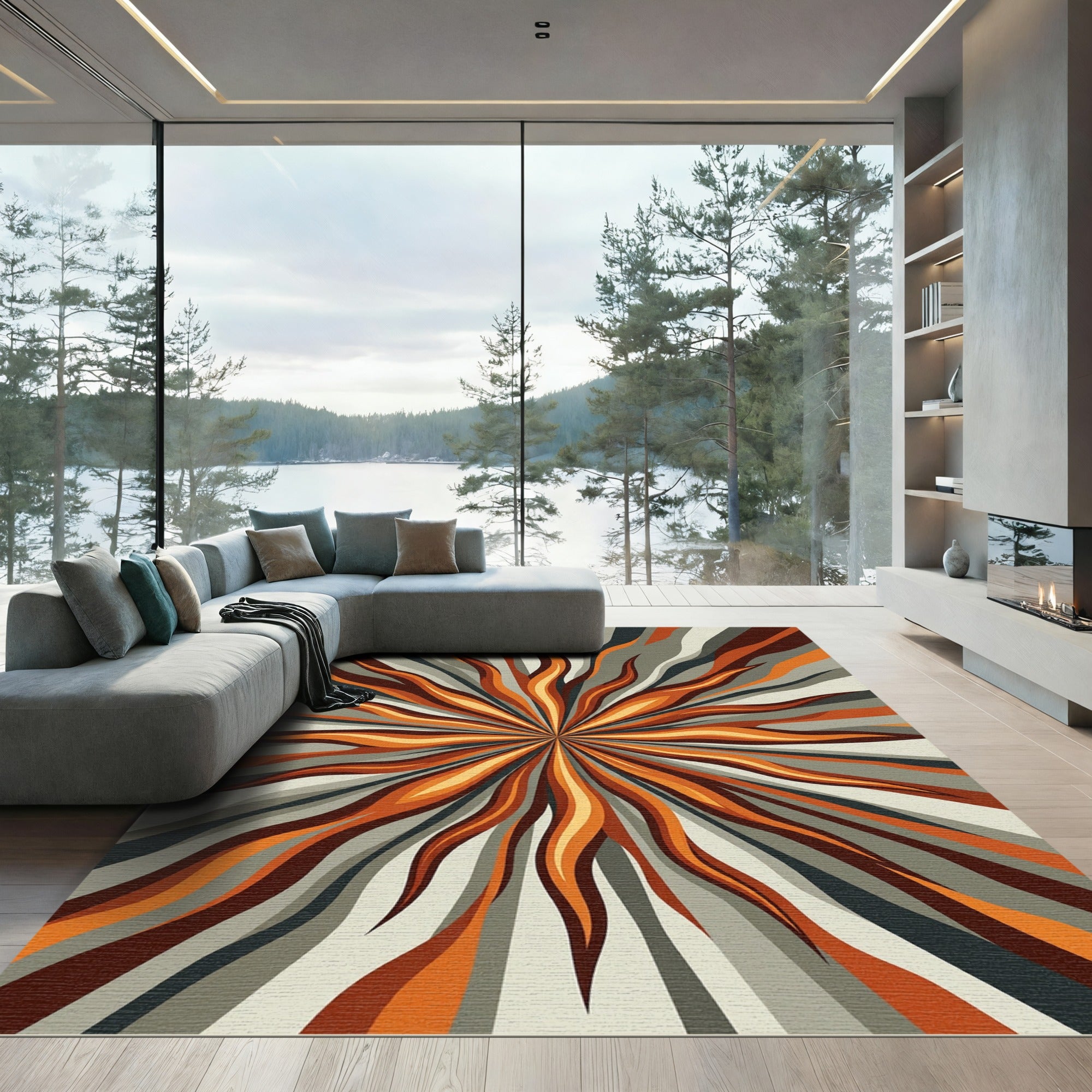 Radiating Orange Flame Sunburst Rug