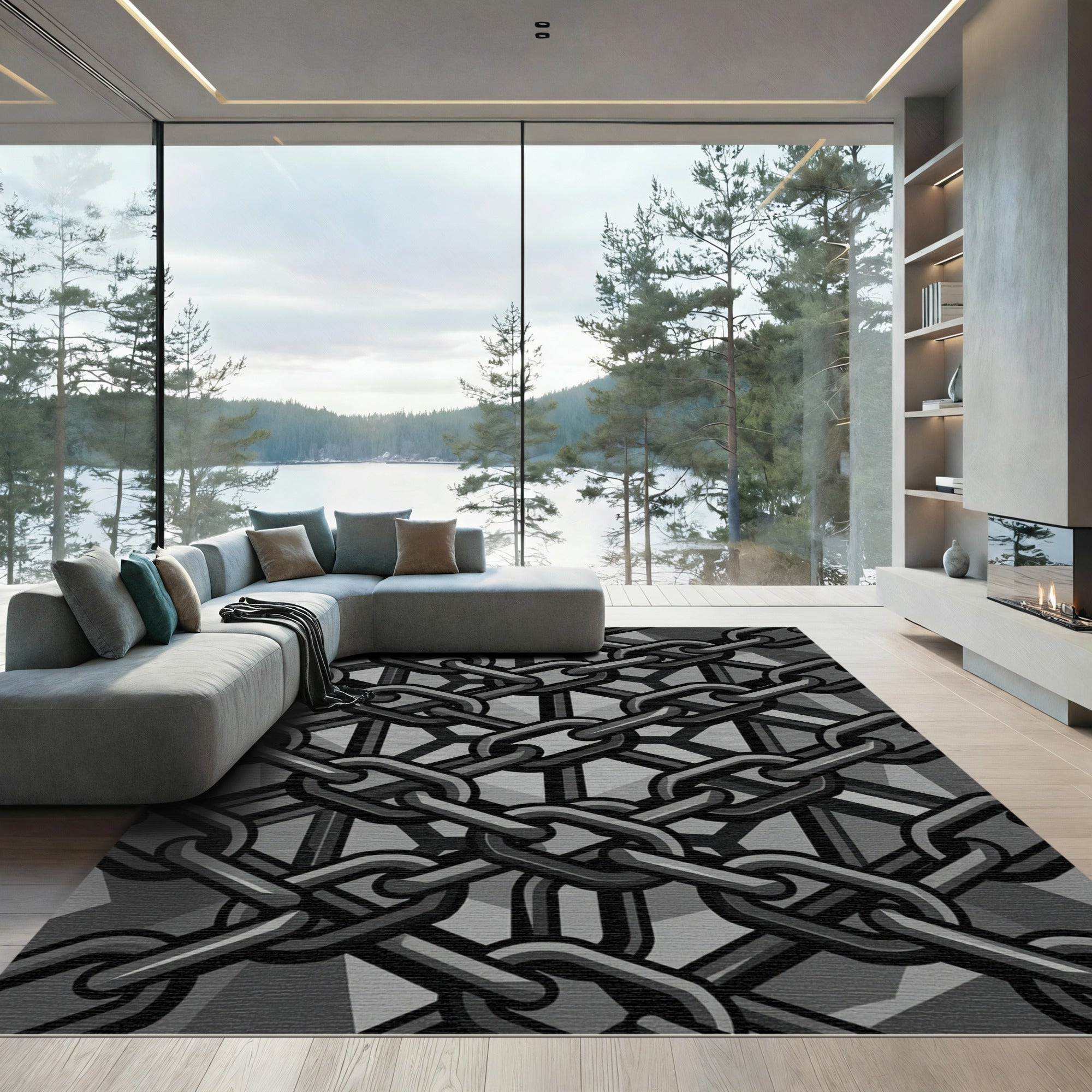 Industrial Silver Chain Link Geometric Rug