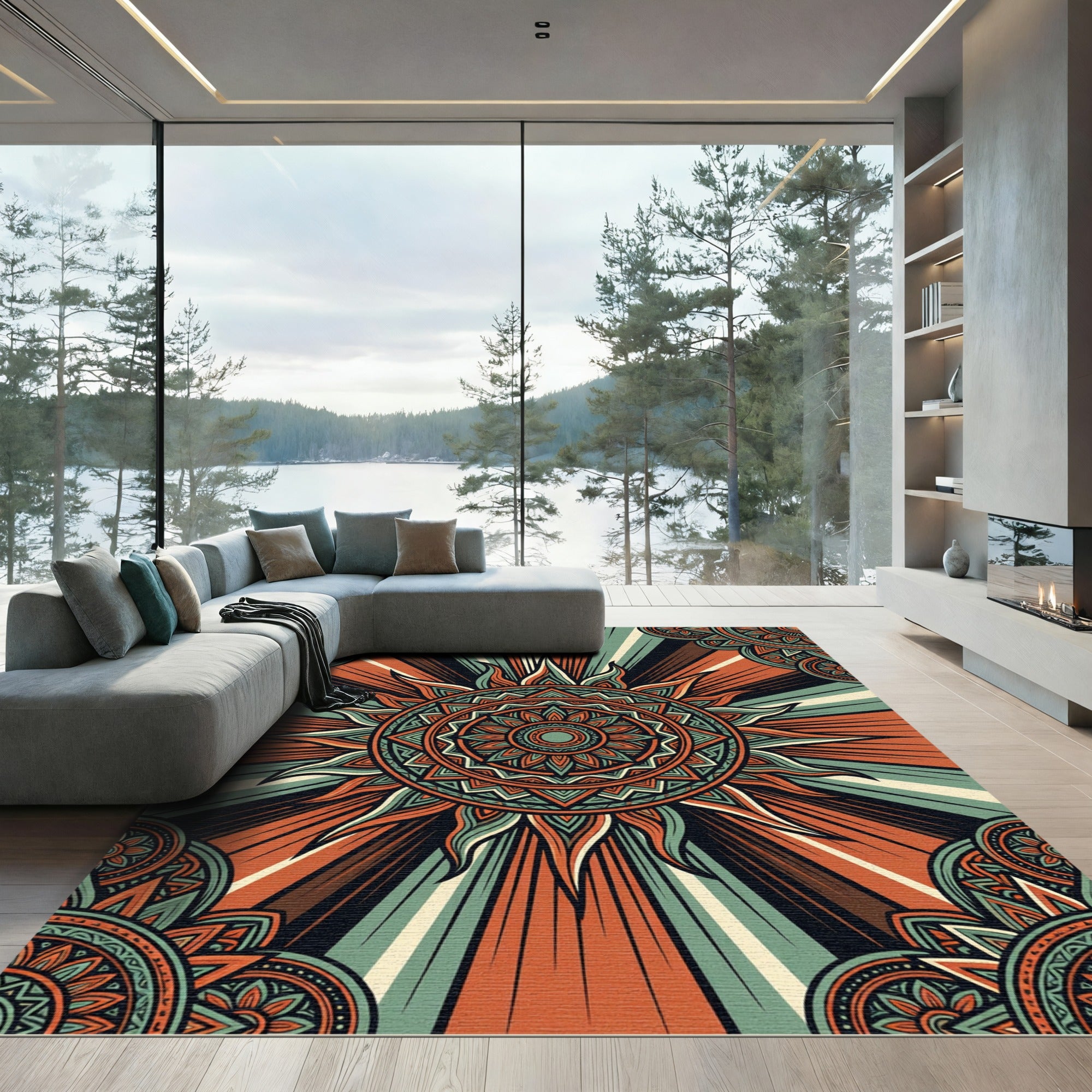 Radiant Copper Teal Sunburst Mandala Rug