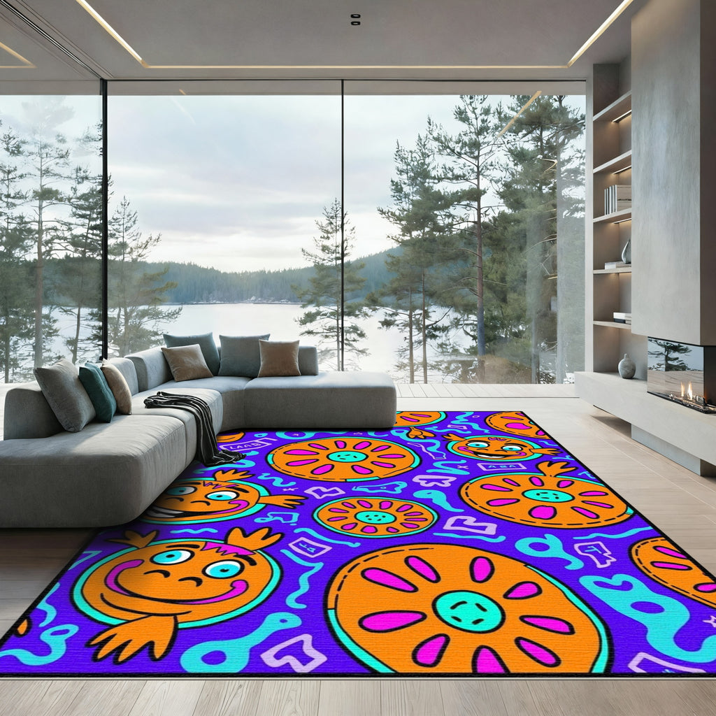 Whimsical Orange Wheel Faces Blue Waves Rug