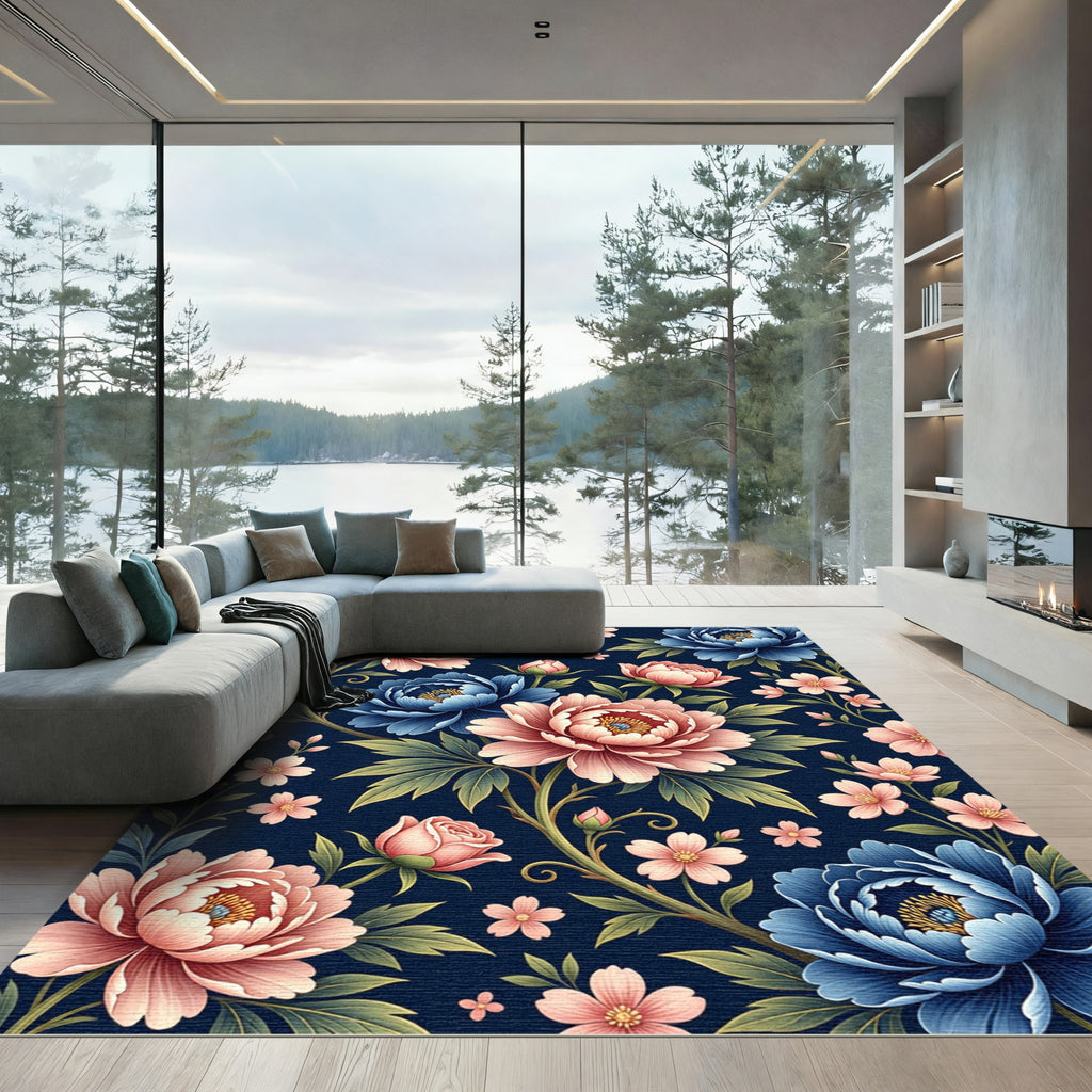 Elegant Navy Blue Peony Floral Tapestry Rug