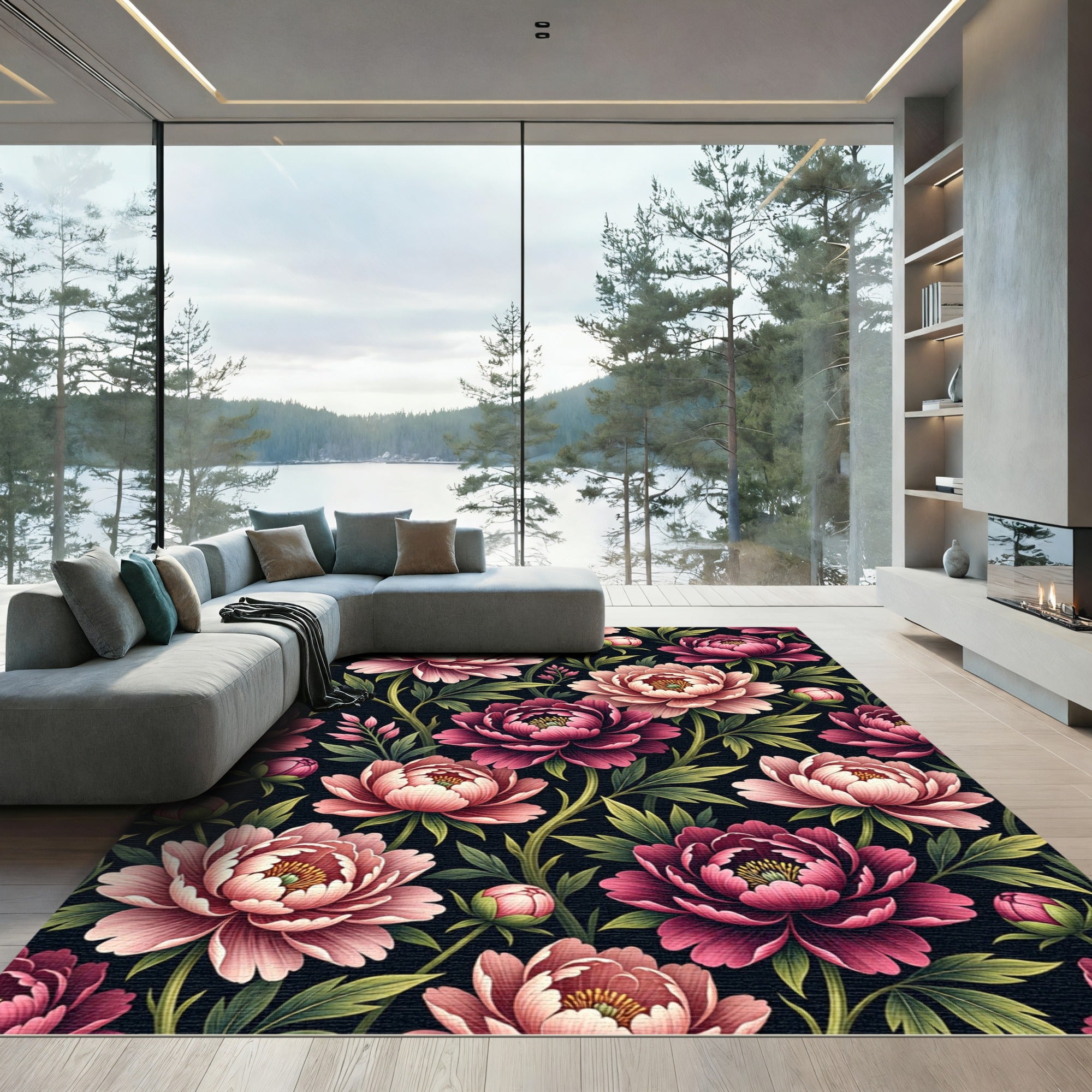 Elegant Dark Pink Peony Floral Garden Rug