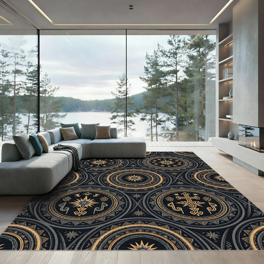 Black Golden Medallion Circular Brocade Rug