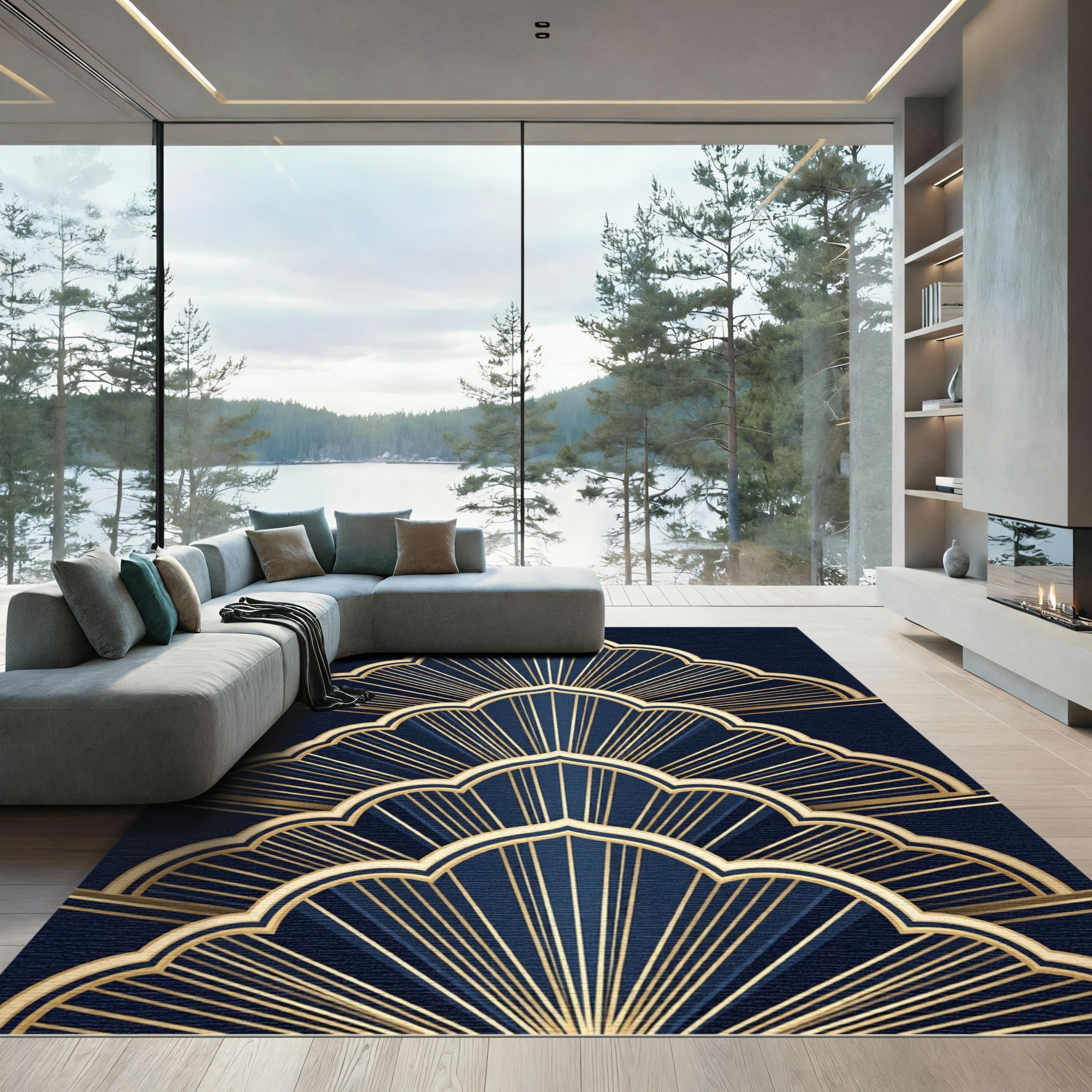 Elegant Navy Gold Art Deco Fan Rug
