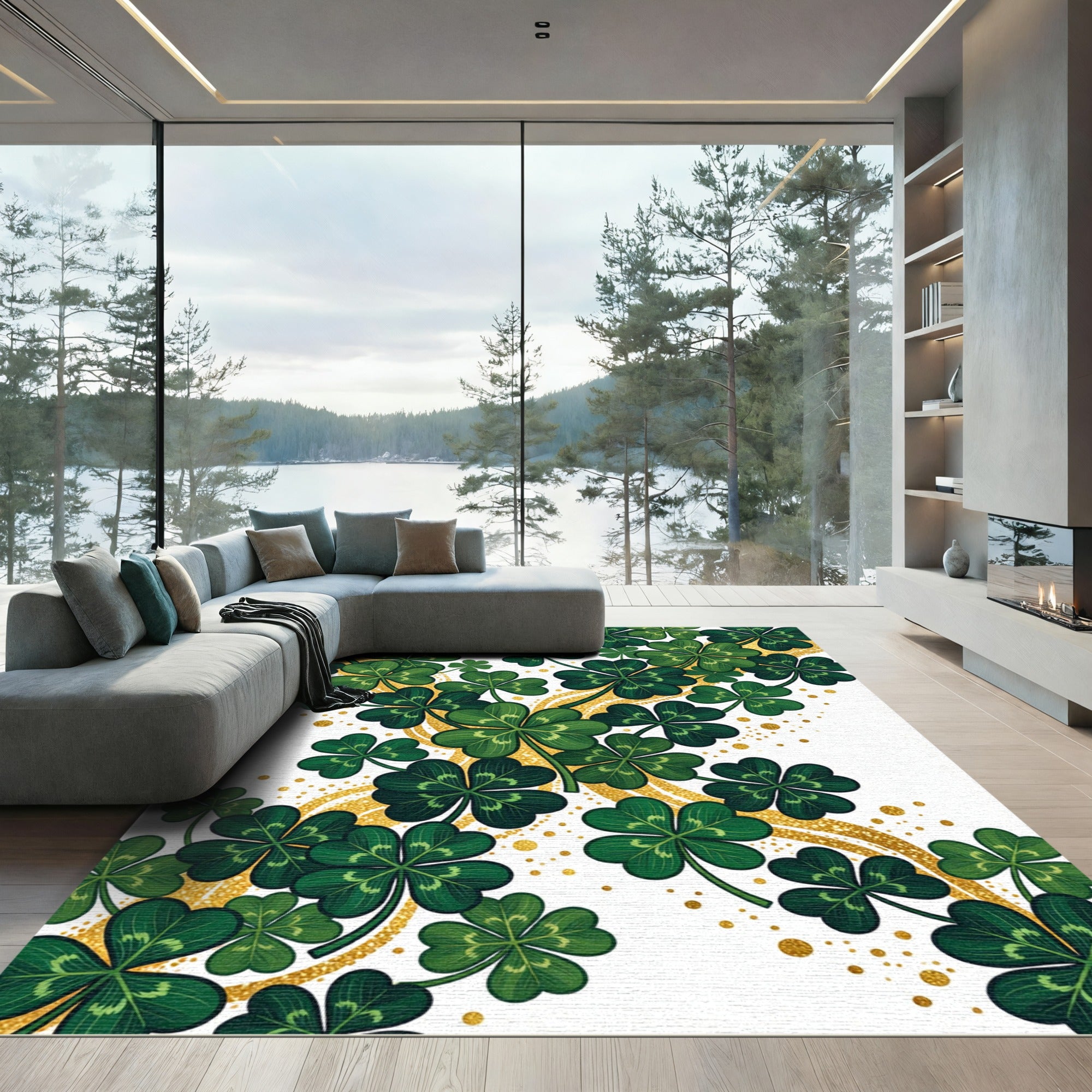 Emerald Shamrock Clover with Golden Sparkles Rug