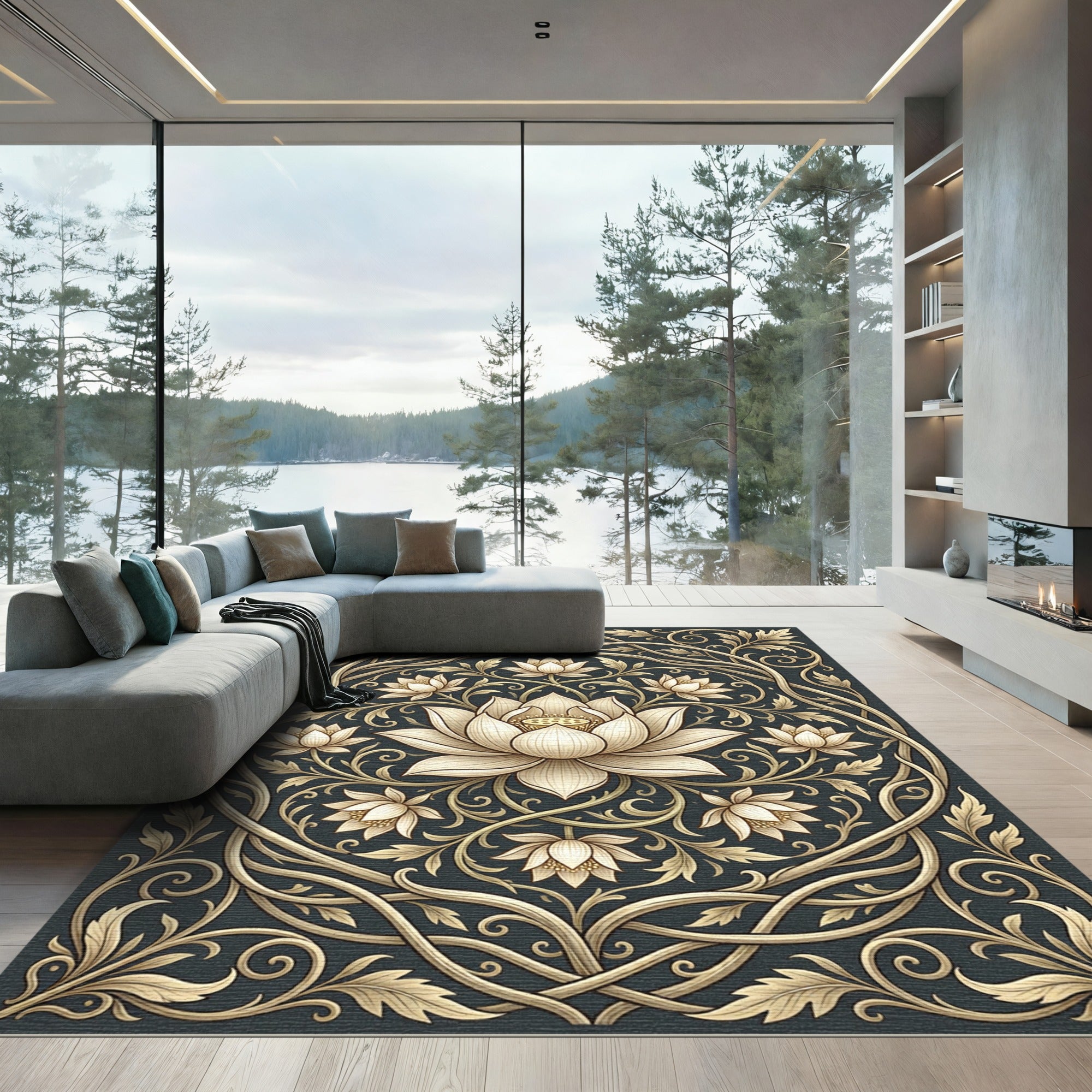 Golden Lotus Floral Scrollwork Rug