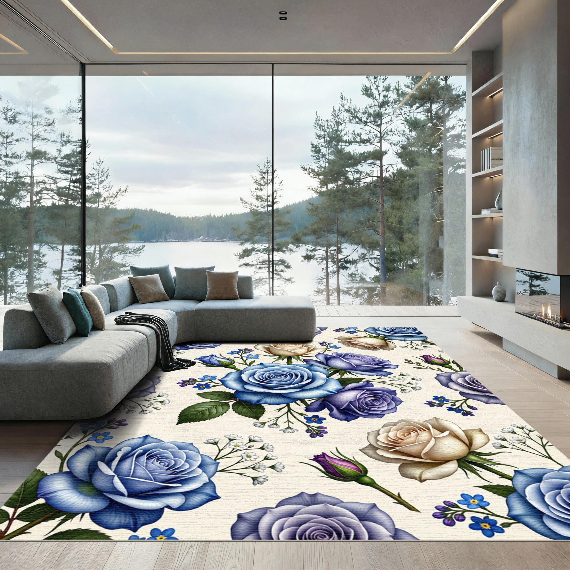 Shades of Blue Rose Garden Floral Rug