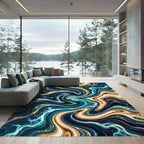 Liquid Gold and Teal Swirls Rug