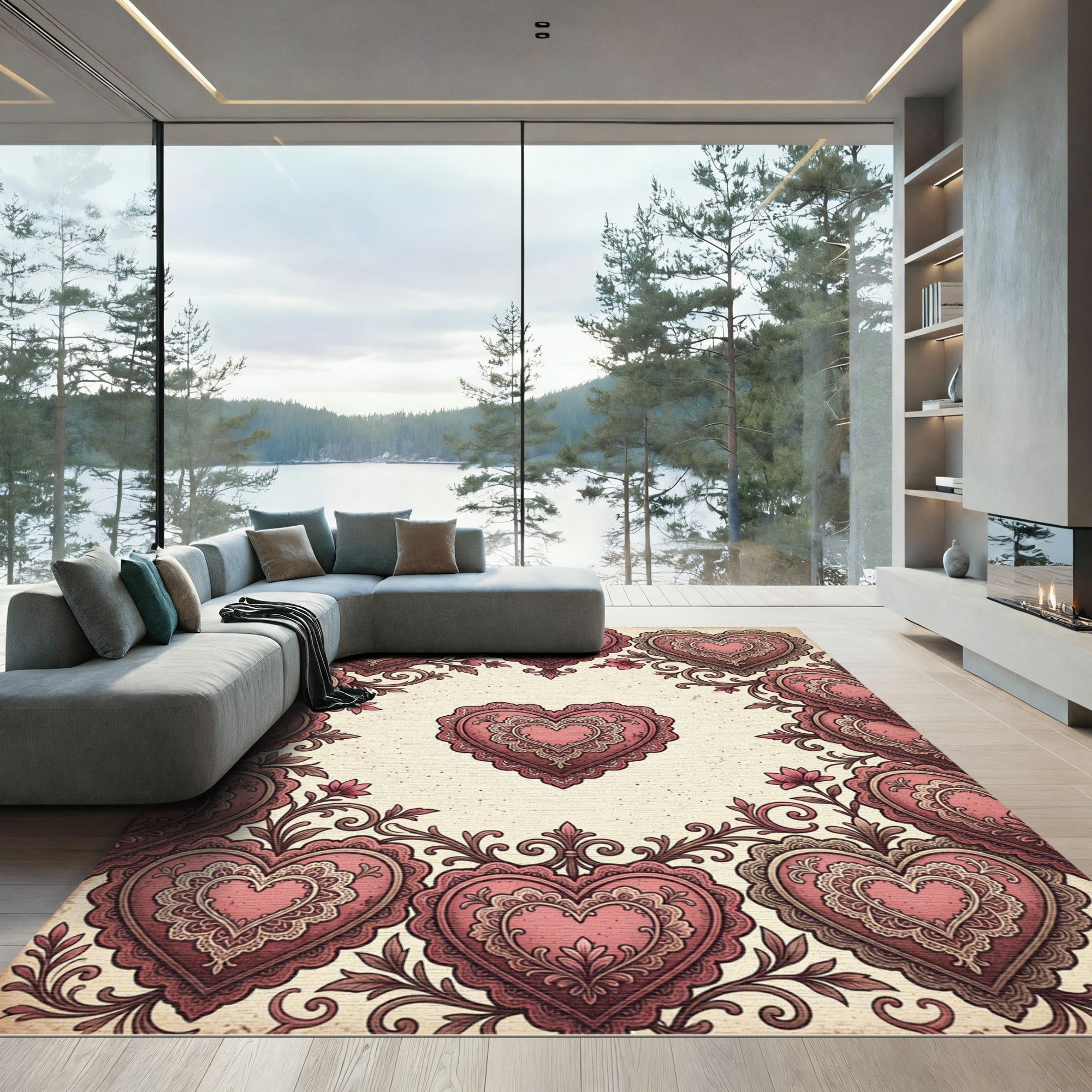 Vintage Pink Heart Lace Border Rug
