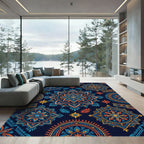 Vibrant Indigo Orange Mandala Star Rug