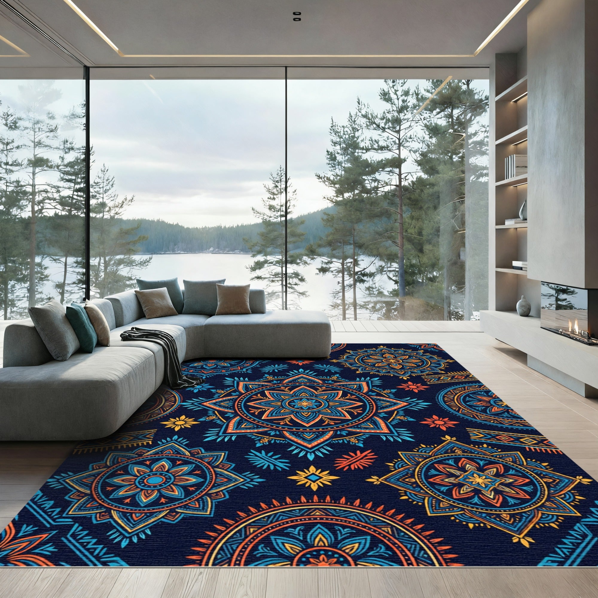 Vibrant Indigo Orange Mandala Star Rug