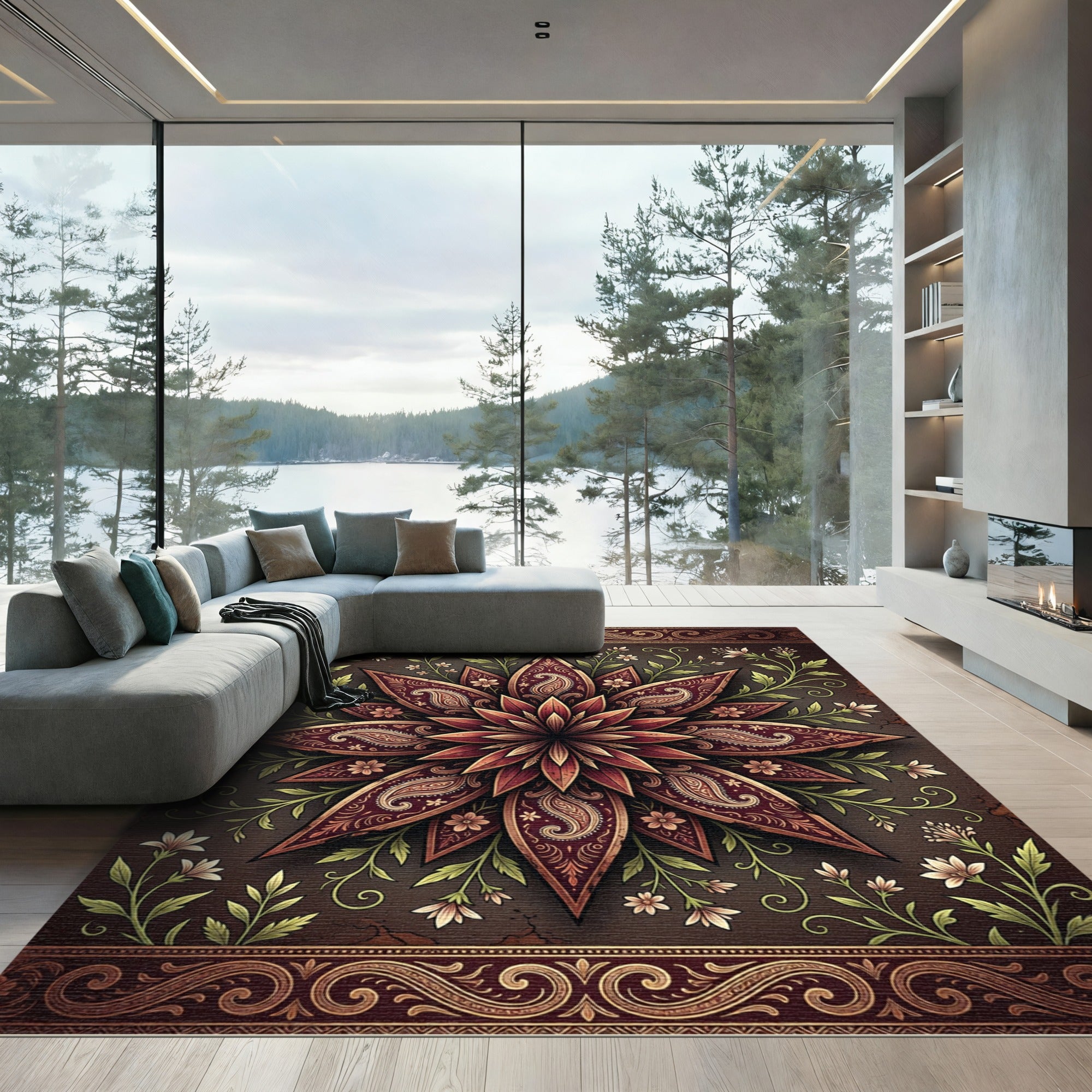 Deep Burgundy Floral Paisley Medallion Rug