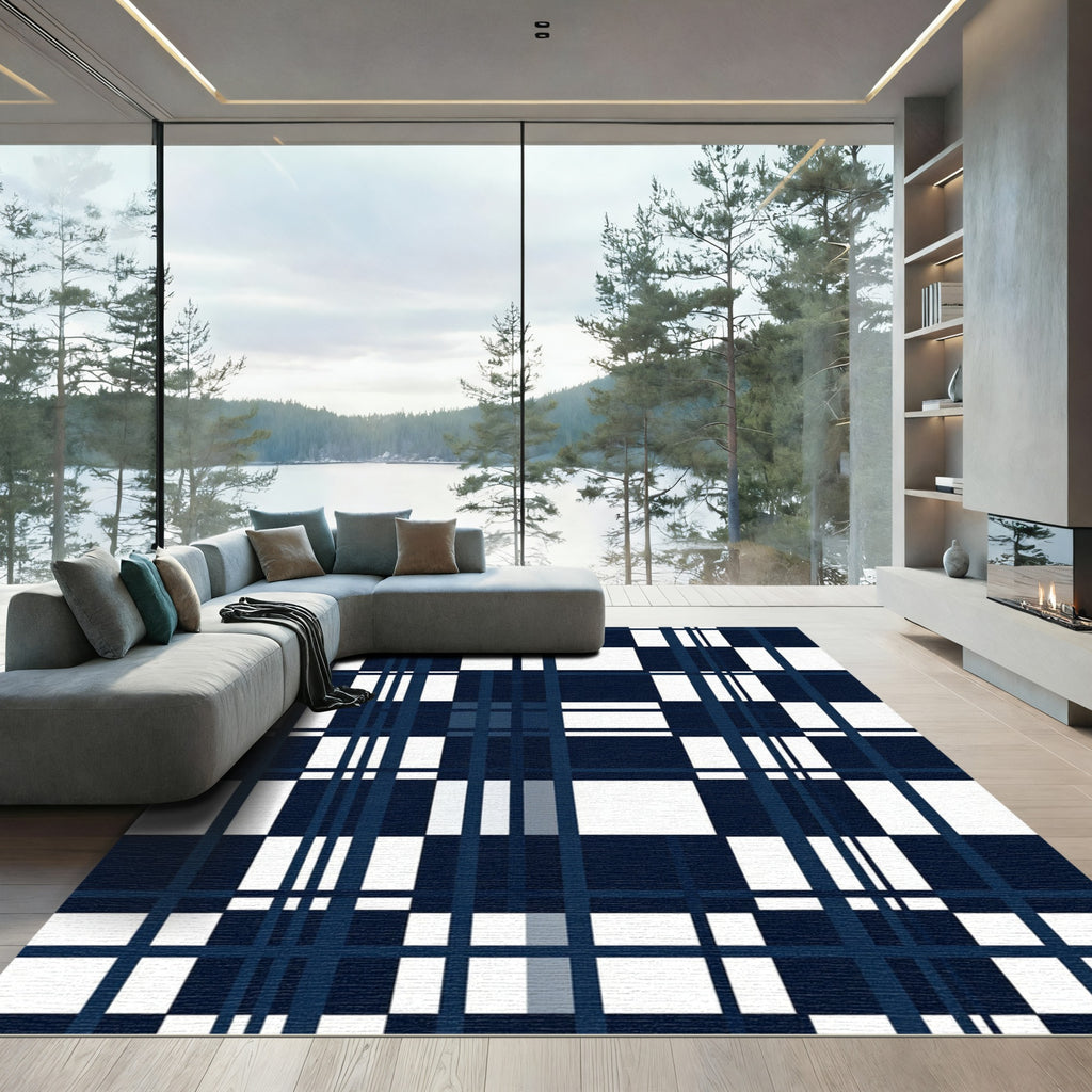 Navy White Modern Plaid Stripes Rug