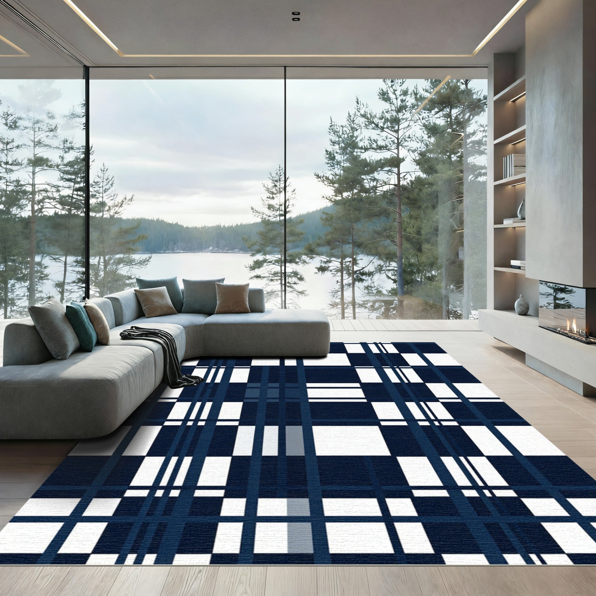 Navy White Modern Plaid Stripes Rug