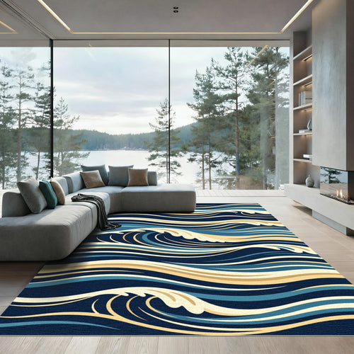 Abstract Navy and Gold Wave Rhythm Rug