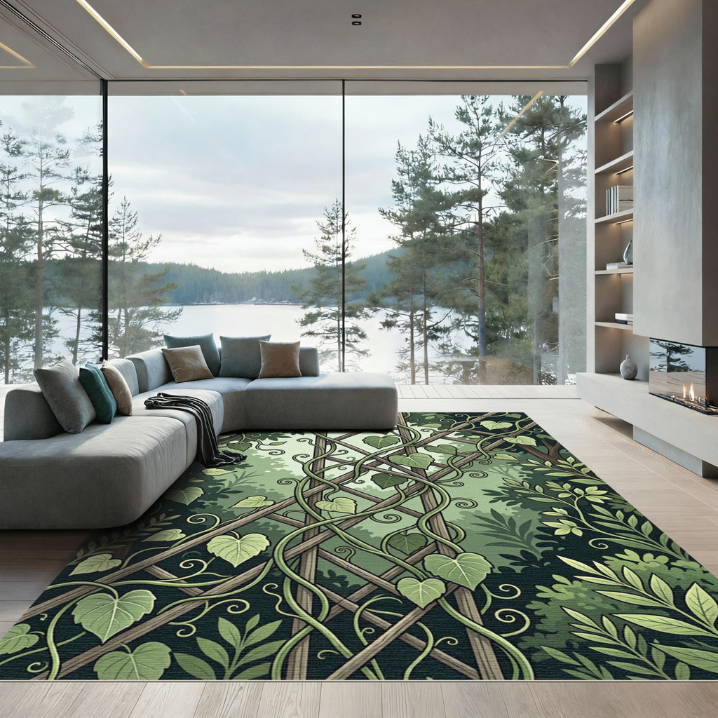 Lush Green Climbing Ivy Trellis Rug