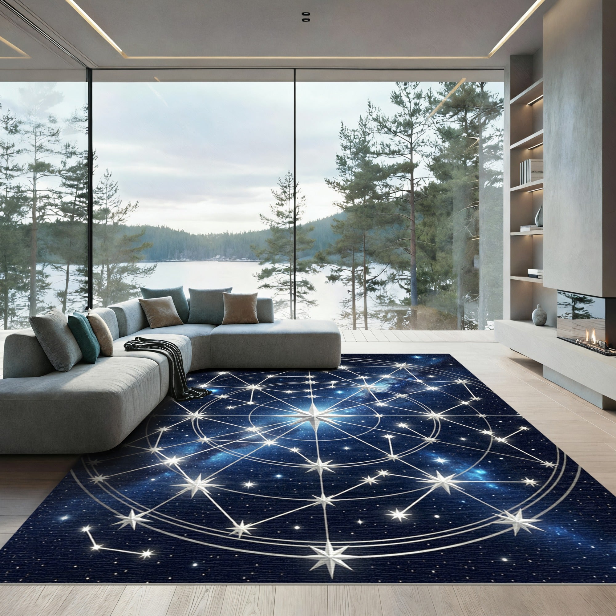 Celestial Silver Geometric Starry Night Rug