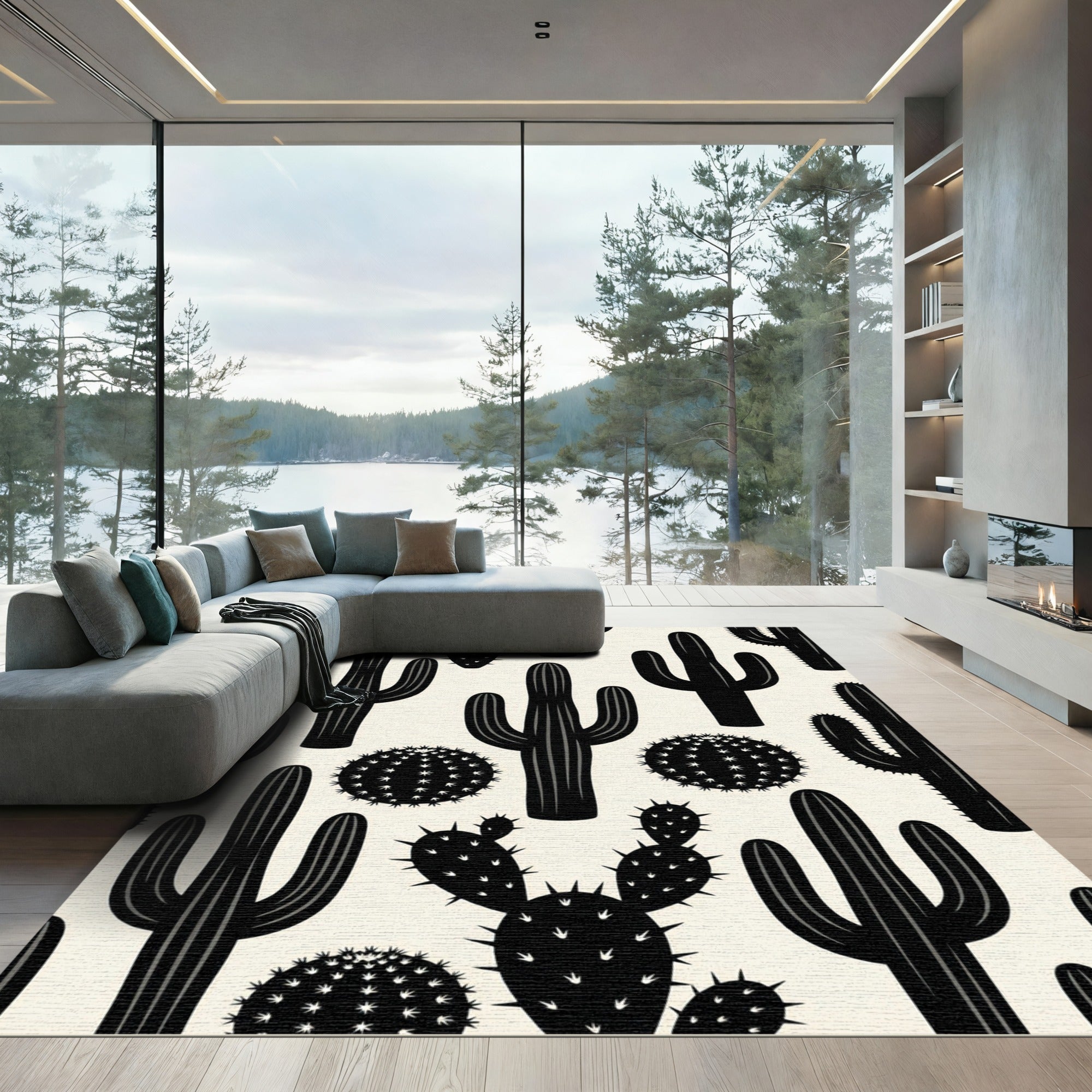 Minimalist Black and Cream Desert Cactus Rug