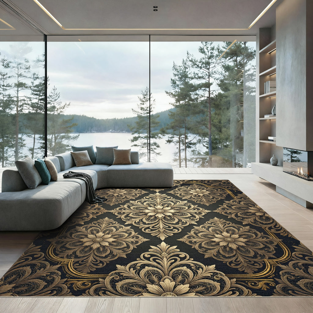 Ornate Gold Damask Charcoal Medallion Rug