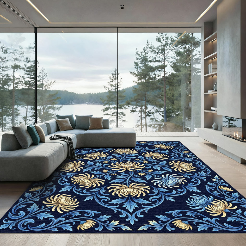 Navy Blue Floral Chrysanthemum Scroll Medallion Rug