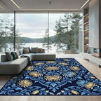 Navy Blue Floral Chrysanthemum Scroll Medallion Rug