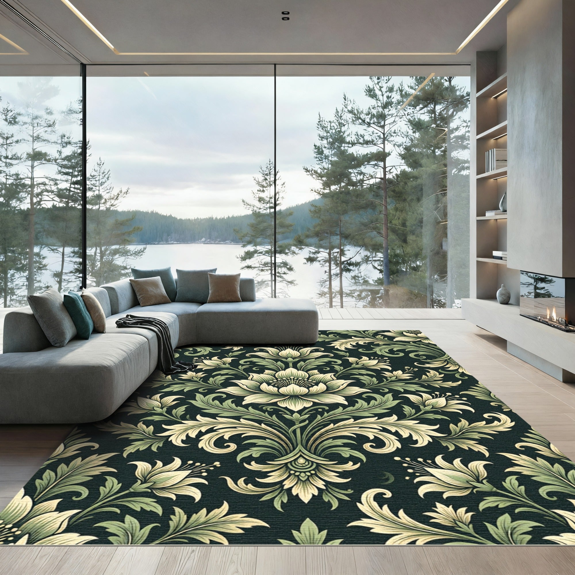 Sage Green Floral Damask Botanical Rug