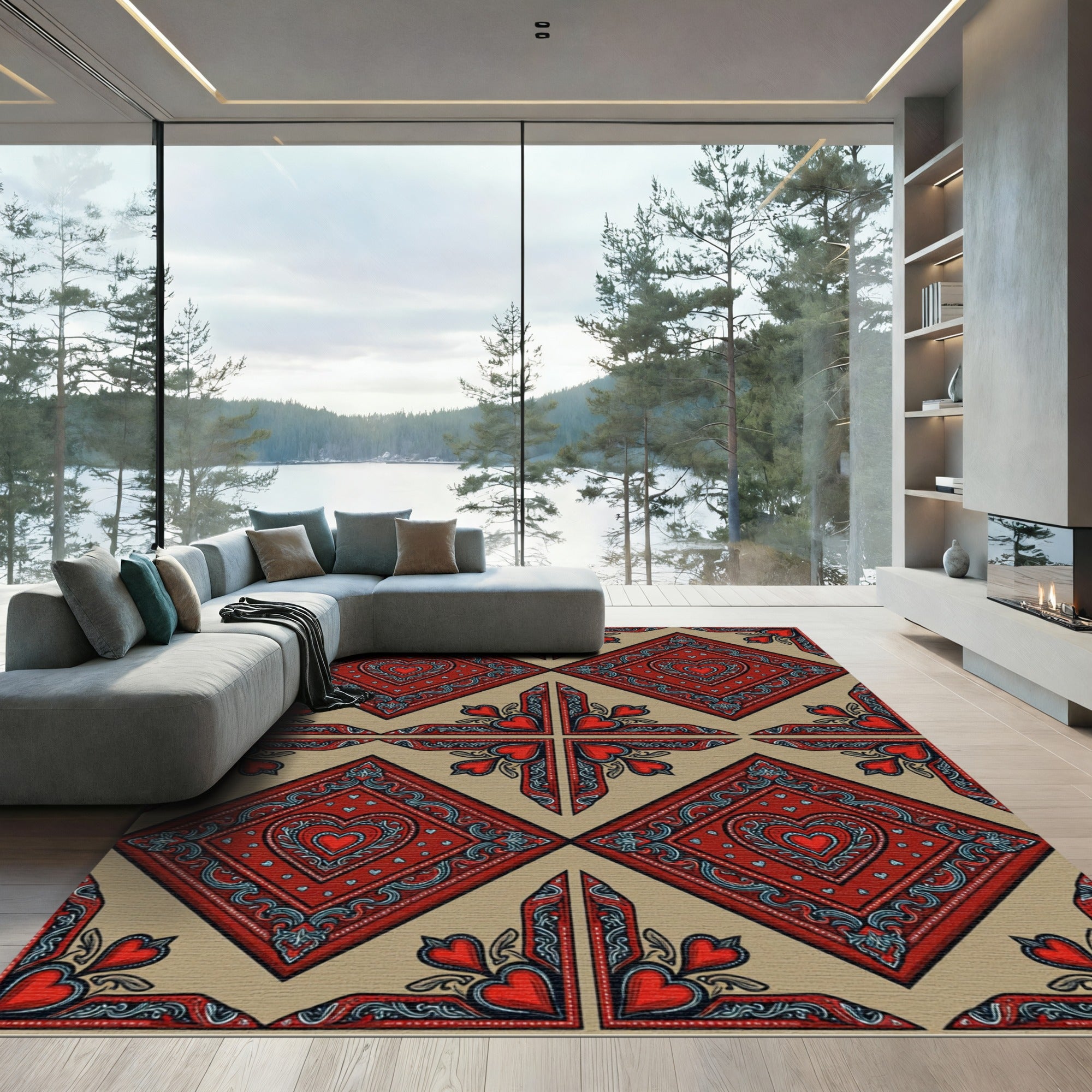 Rustic Red Heart Medallion Diamond Rug