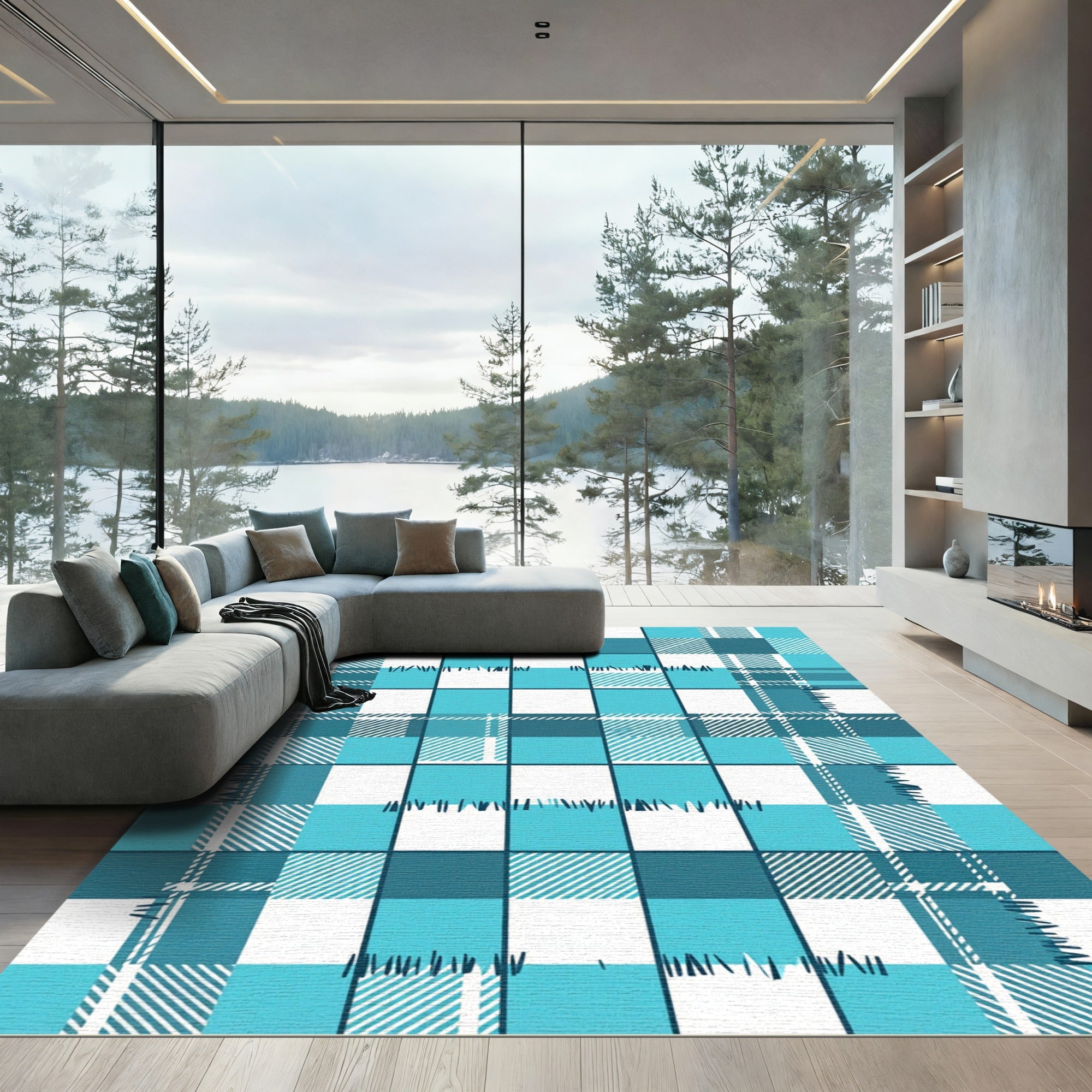Aqua Blue Plaid Quilted Checkered Rug