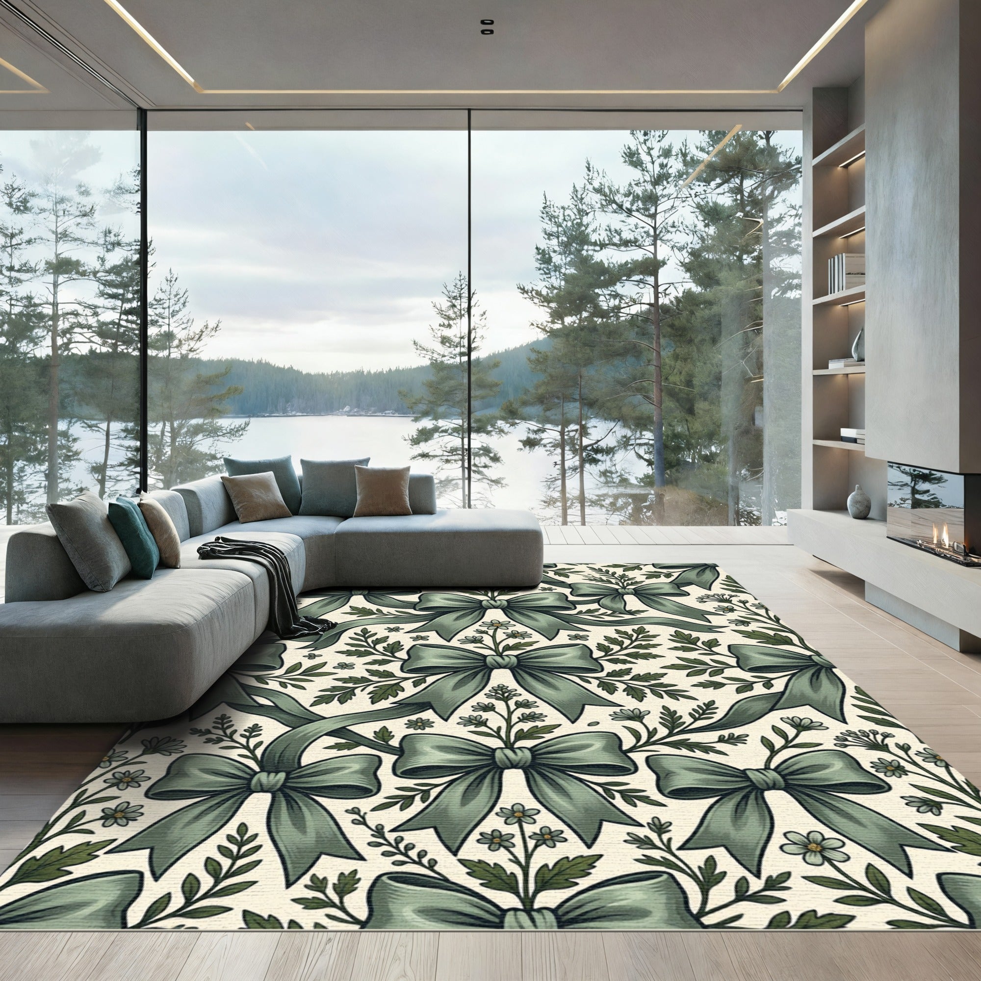 Sage Green Ribbon and Floral Trellis Rug