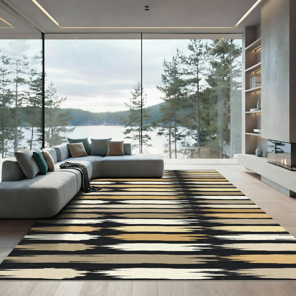 Modern Neutral Earthy Hued Horizontal Brushstroke Rug