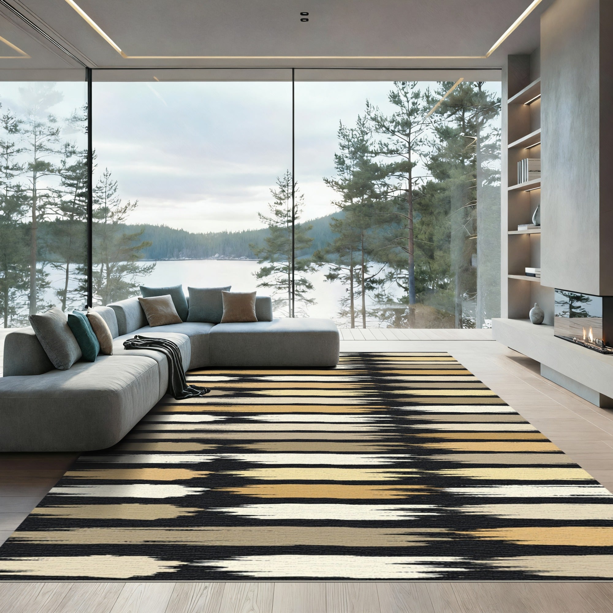 Modern Neutral Earthy Hued Horizontal Brushstroke Rug