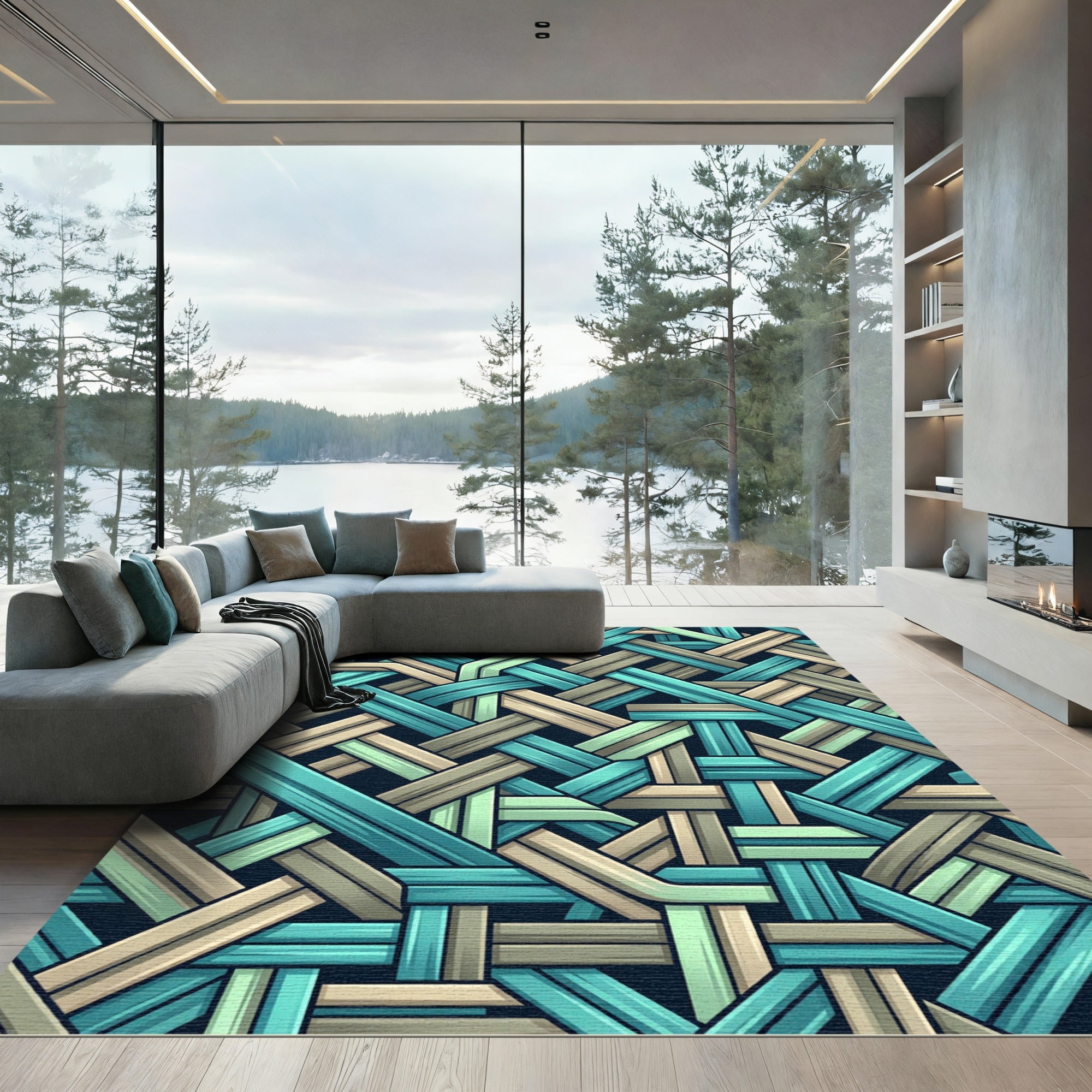 Teal and Sage Woven Interlaced Grid Rug