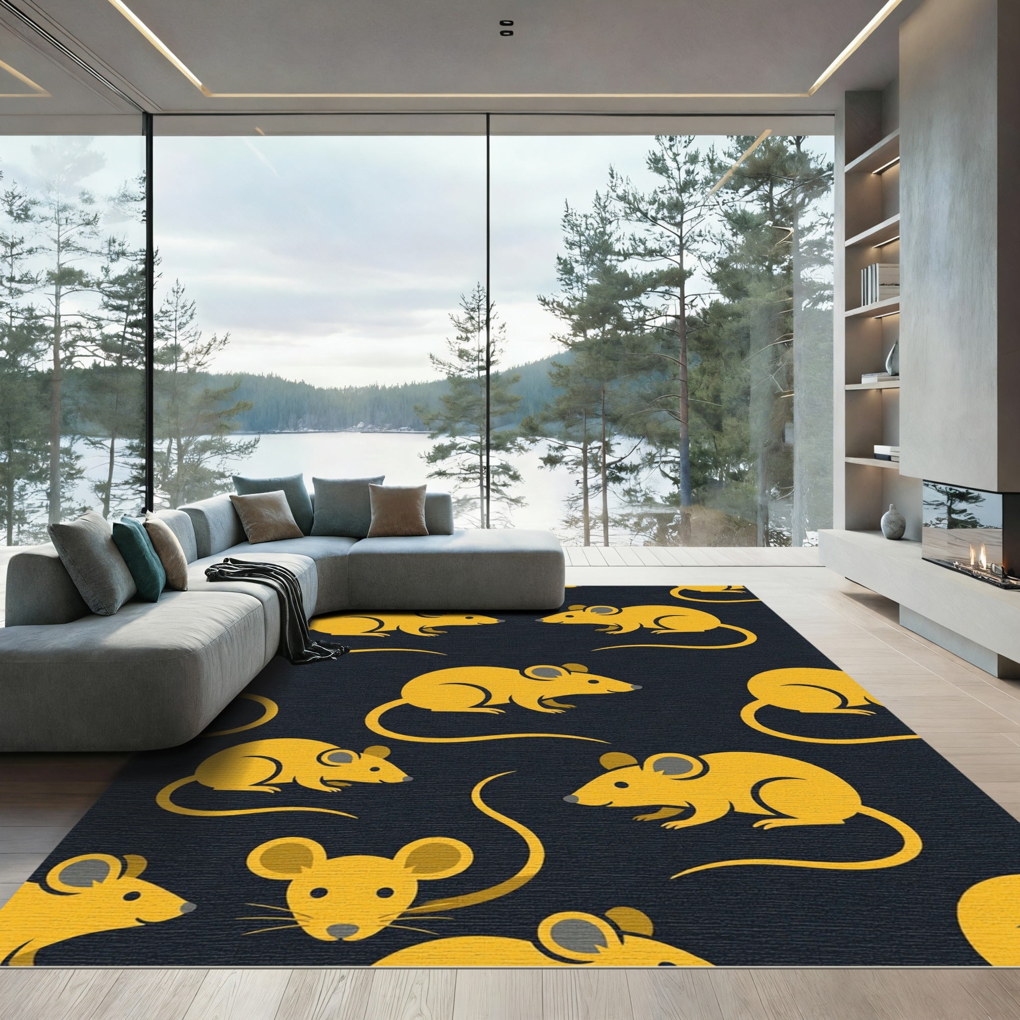 Playful Yellow Mouse Silhouette Wallpaper Rug