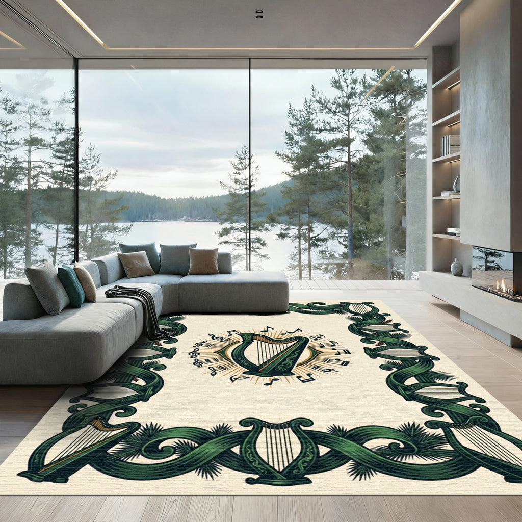 Ornate Emerald Harp Musical Border Rug