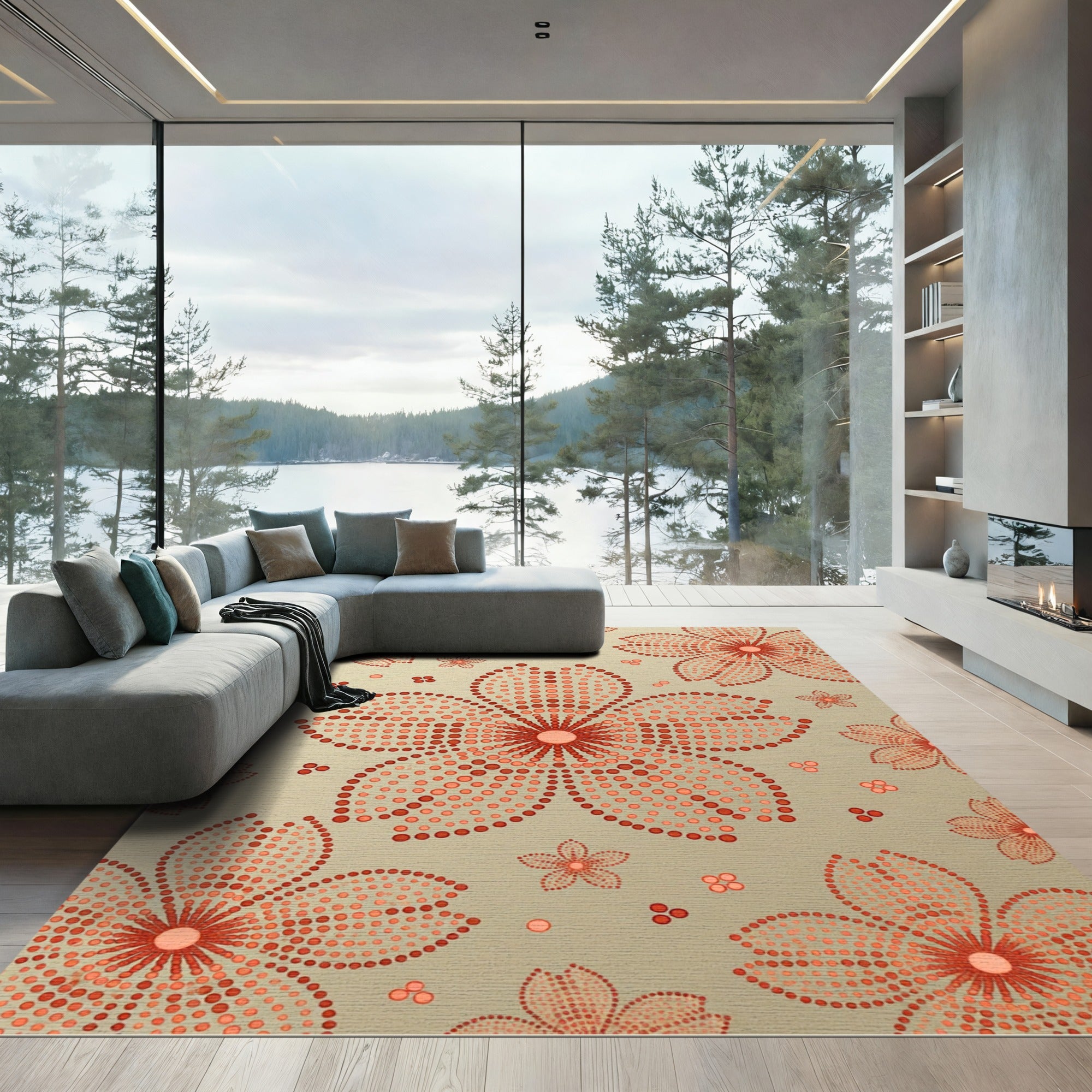 Coral Dotted Sakura Floral Medallion Rug