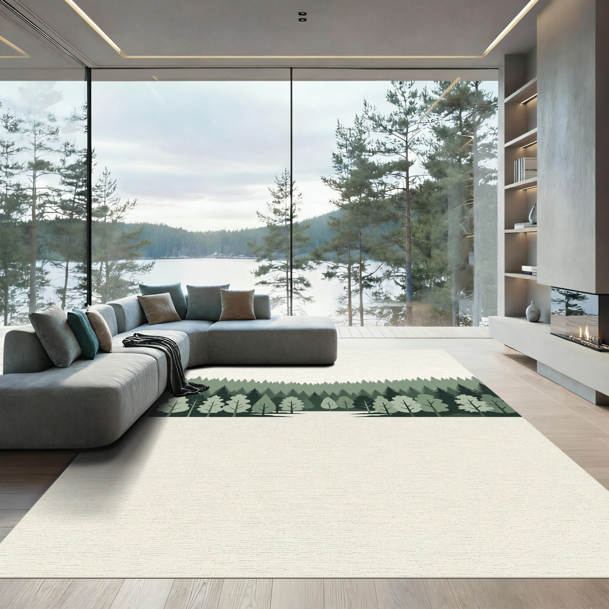 Minimalist Forest Landscape Layered Green Rug