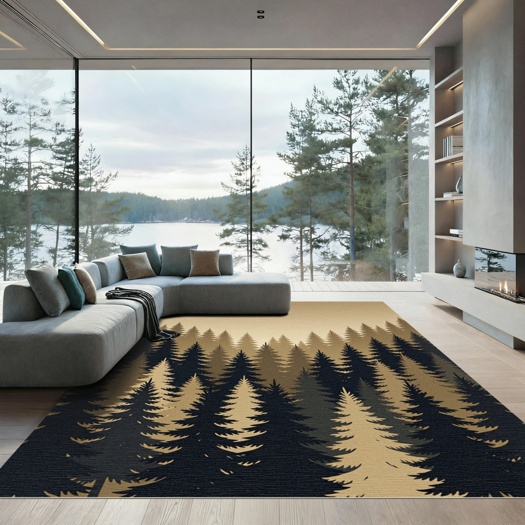 Earthy Bronze Forest Pine Silhouette Rug
