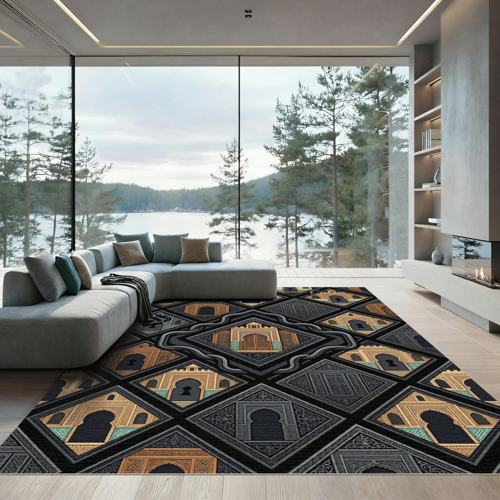 Ornate Archway Geometric Black Gold Grid Rug