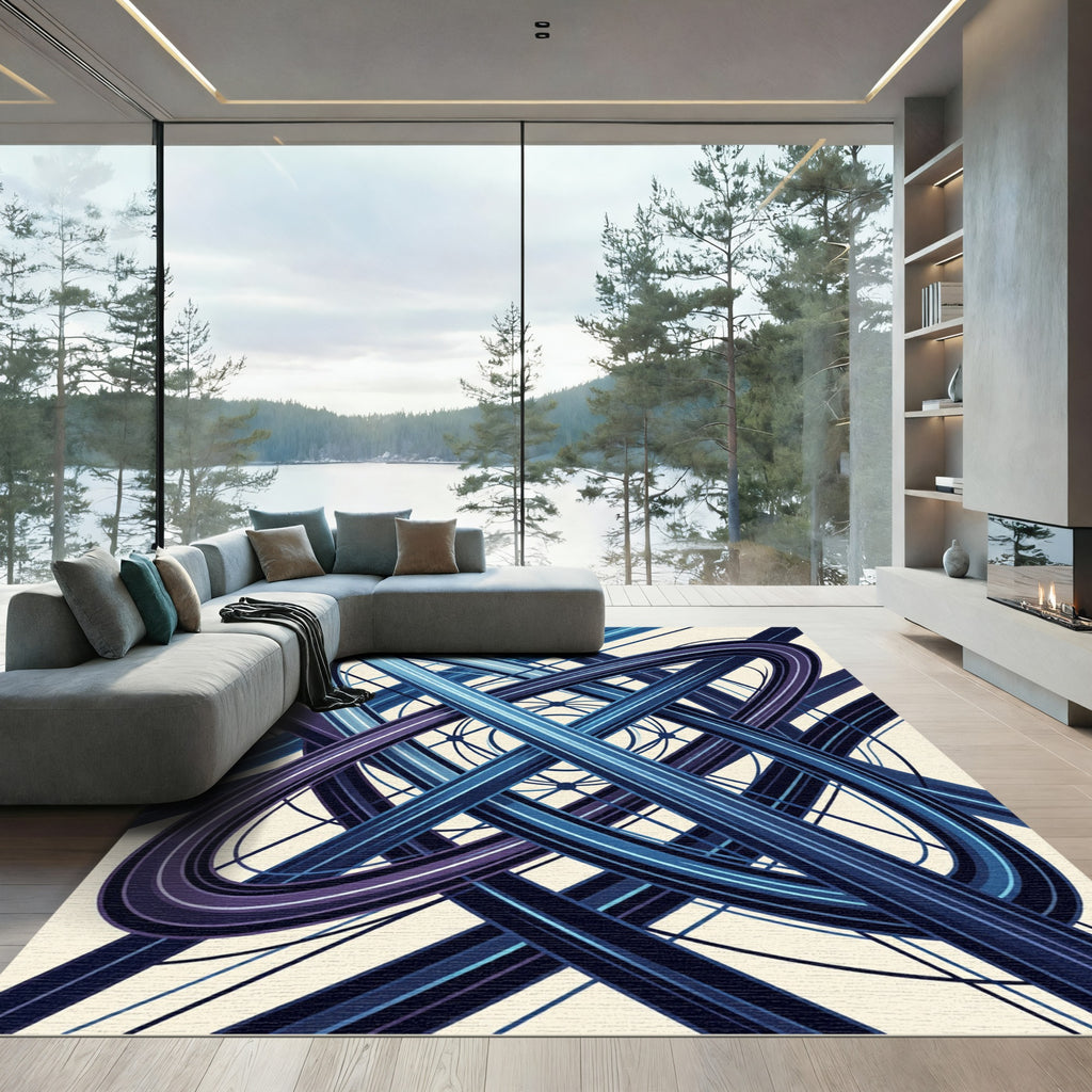 Intertwined Blue Geometric Abstract Waves Rug