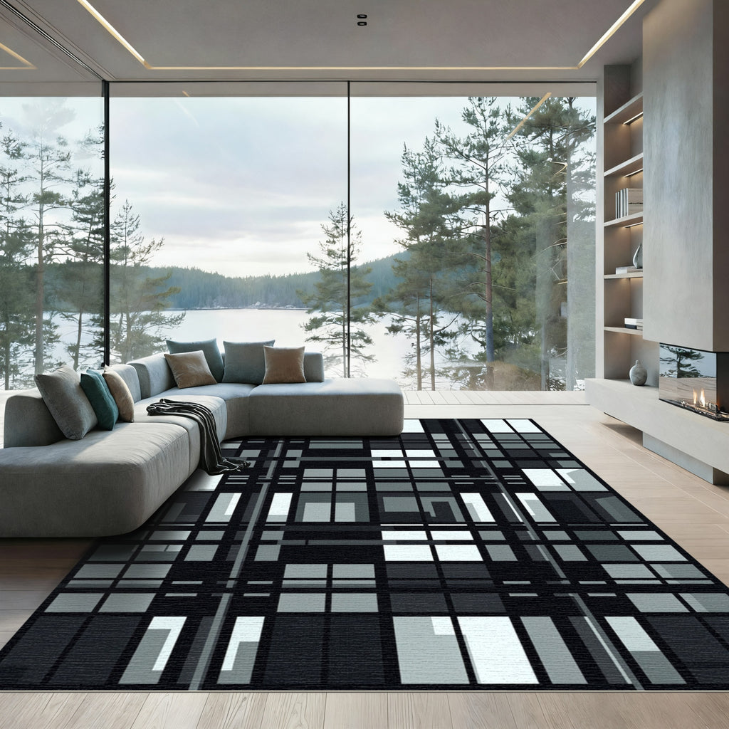 Modern Industrial Grid Monochromatic Block Art Rug