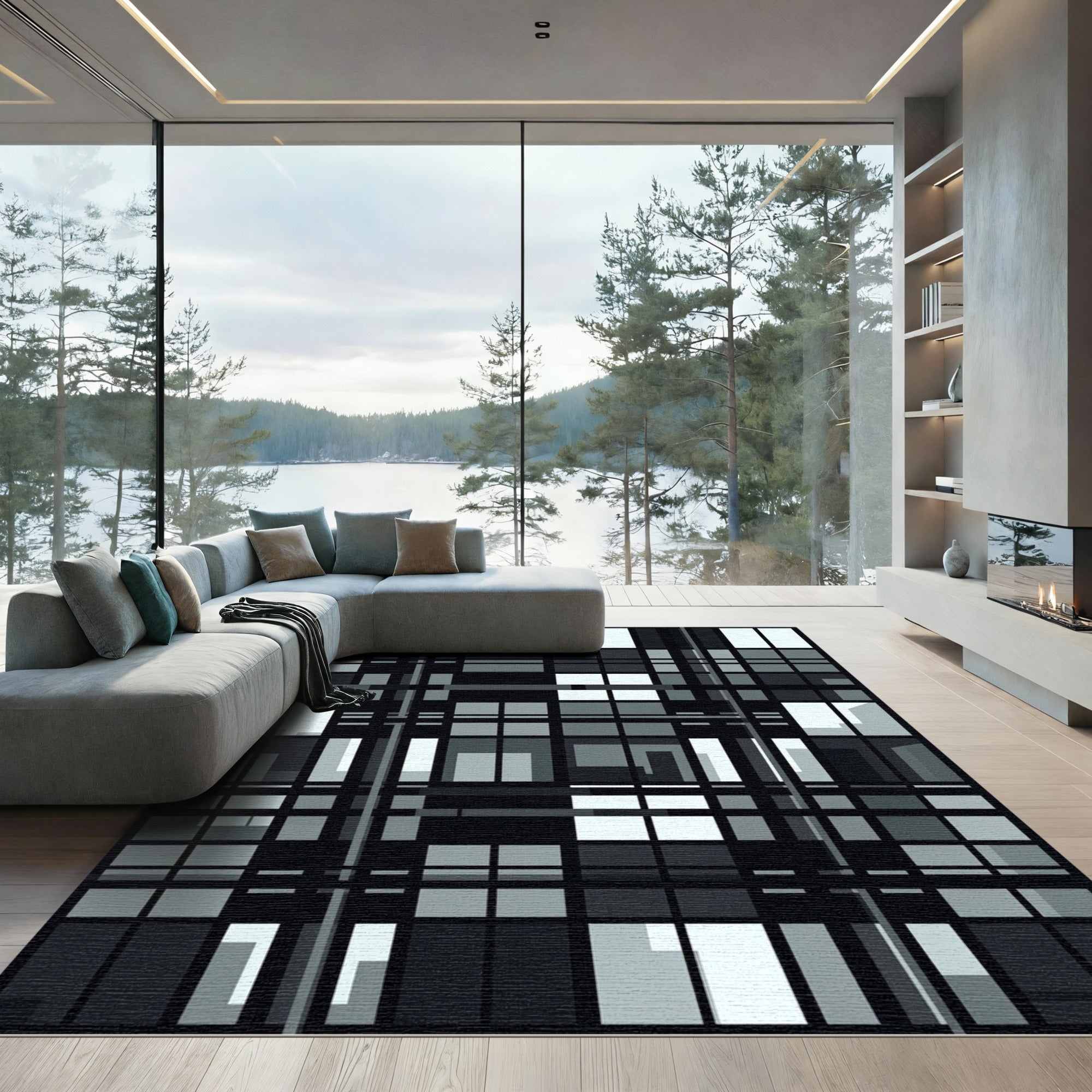 Modern Industrial Grid Monochromatic Block Art Rug