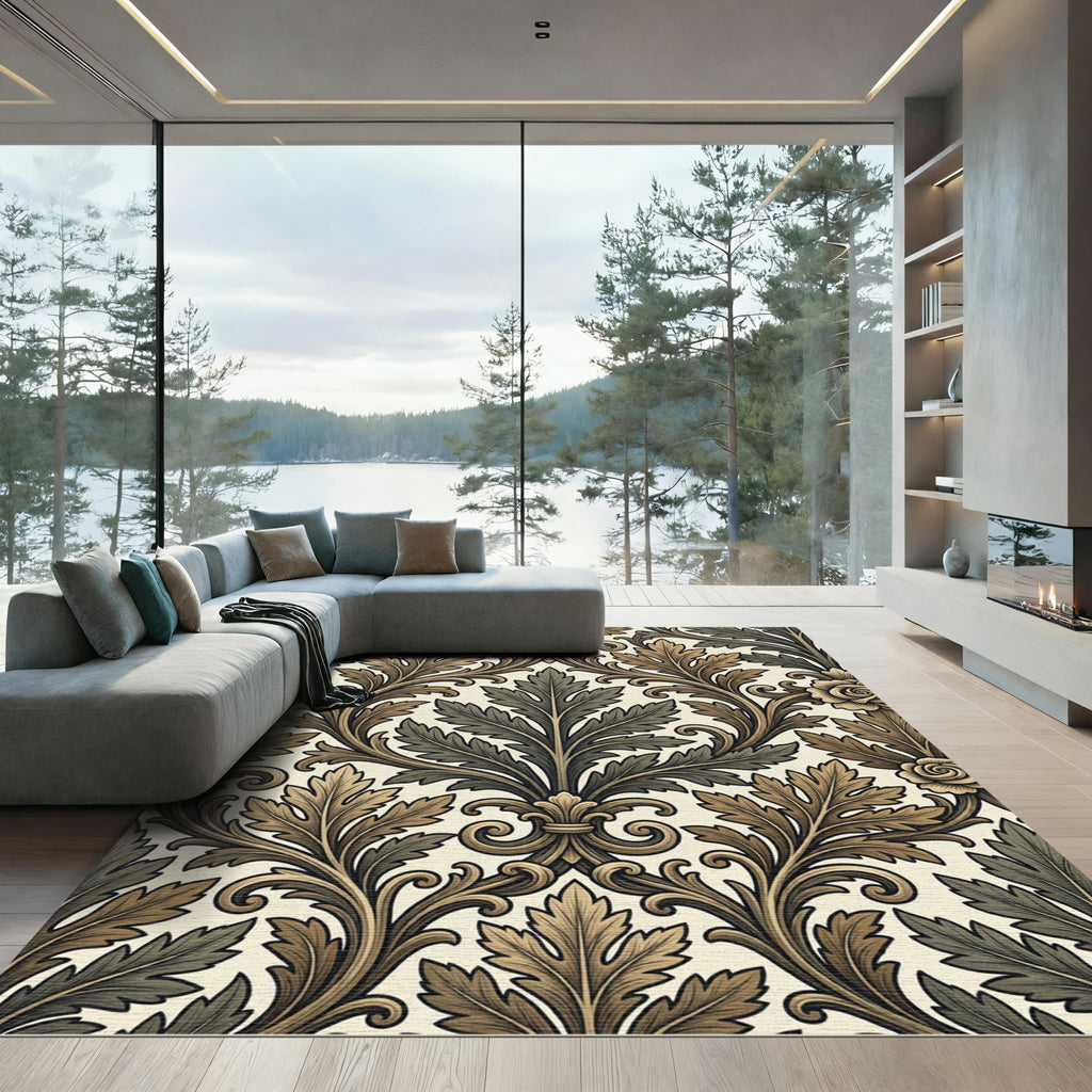 Ornate Green Brown Acanthus Flourish Rug