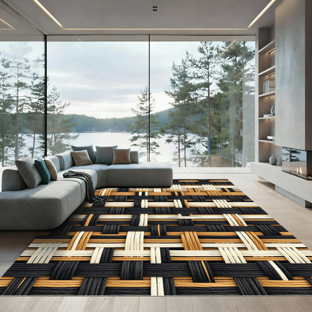 Black Cream and Ochre Woven Weave Rug