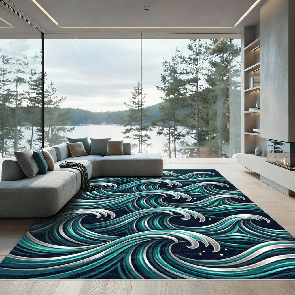 Deep Teal Ocean Wave Abstract Rug