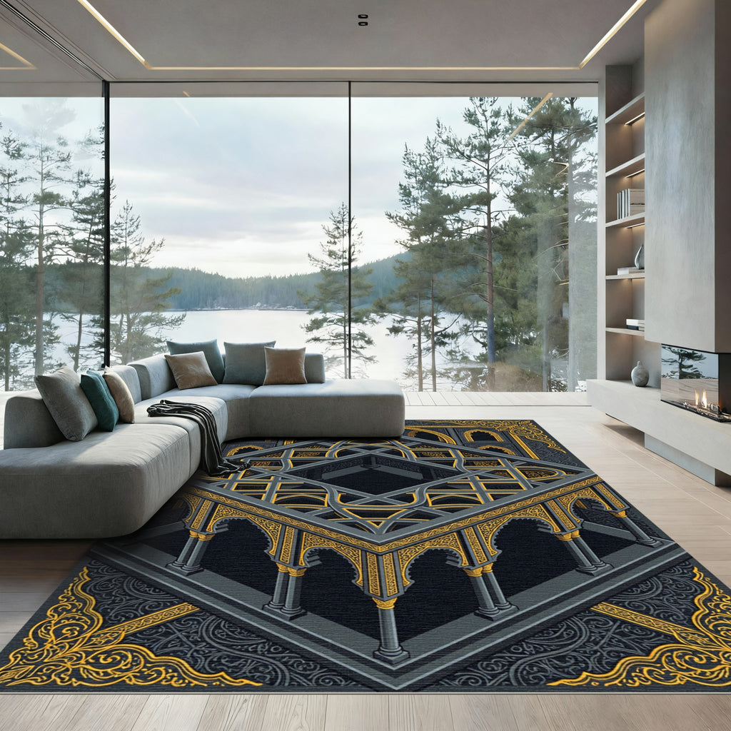 Isometric Golden Lattice Gray Archway Rug
