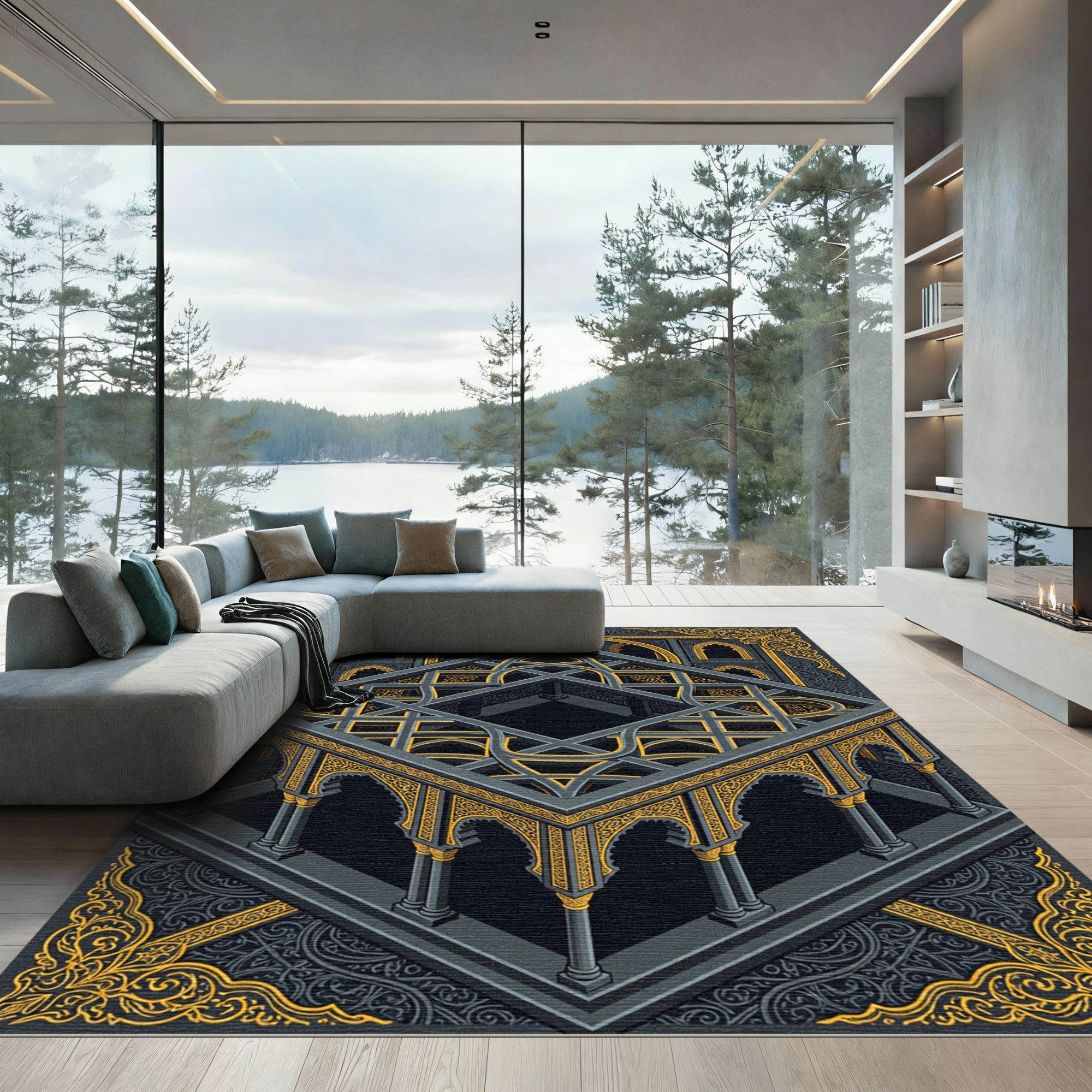 Isometric Golden Lattice Gray Archway Rug