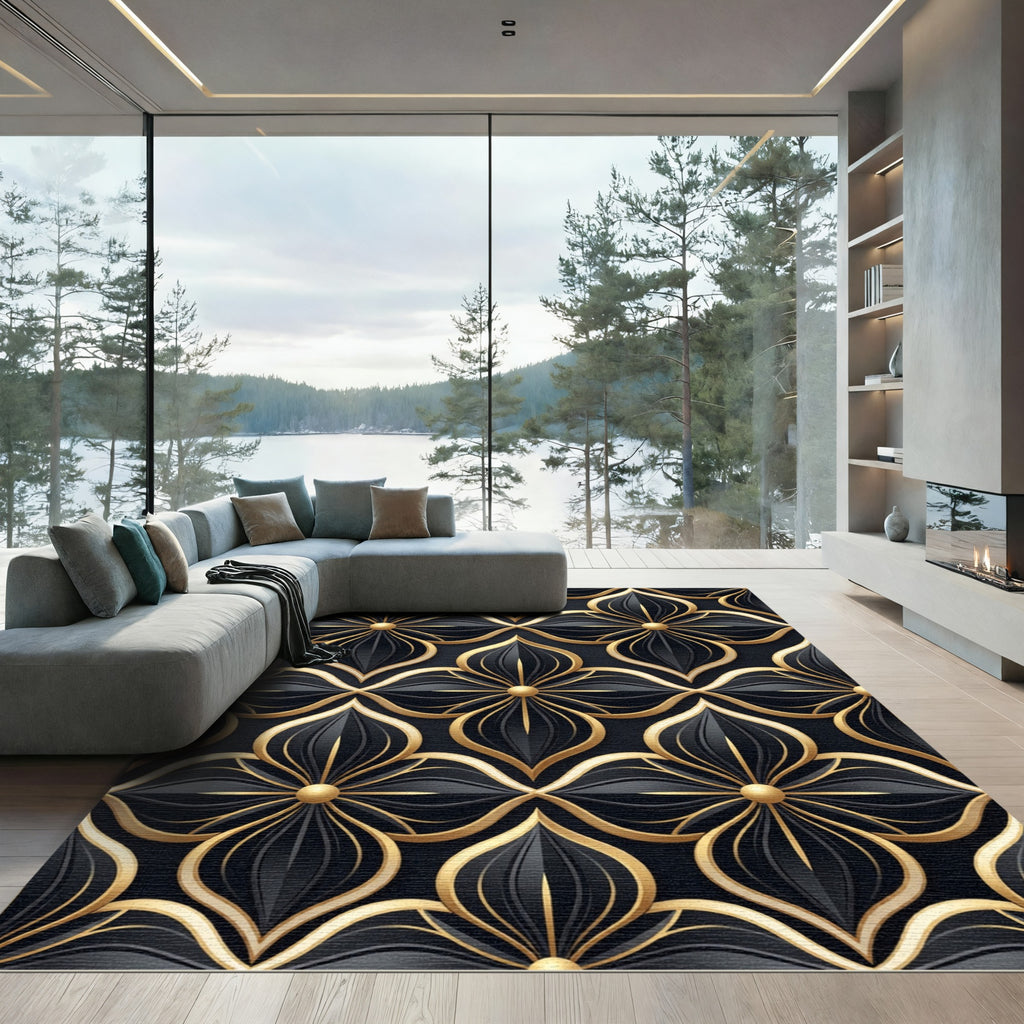 Elegant Black Gold Floral Lattice Rug